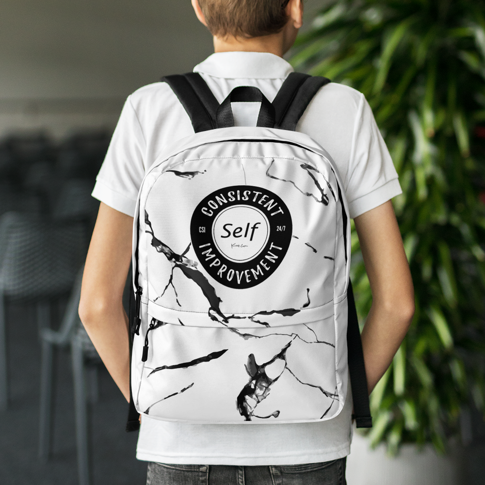 Consistent Self Improvement Backpack Marble Pattern (Black Logo)