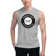 Load image into Gallery viewer, Consistent Self Improvement Men&#39;s Muscle Shirt (Black Logo)