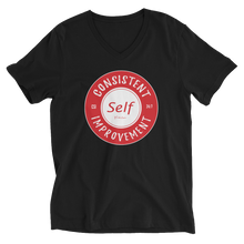 Load image into Gallery viewer, Consistent Self Improvement Men&#39;s V-Neck T-Shirt (Red Logo)