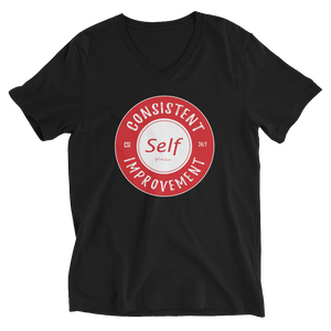 Consistent Self Improvement Men's V-Neck T-Shirt (Red Logo)