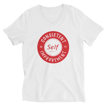 Load image into Gallery viewer, Consistent Self Improvement Men&#39;s V-Neck T-Shirt (Red Logo)
