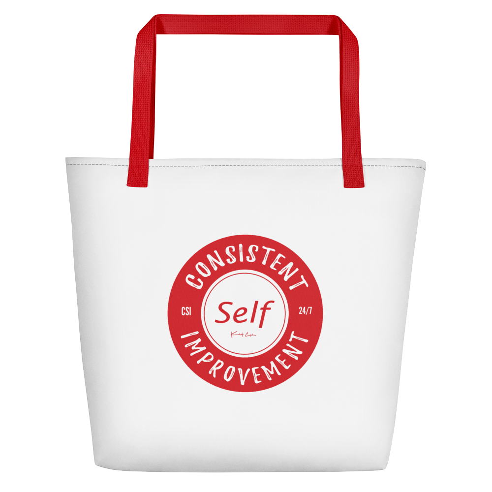 Consistent Self Improvement White Beach Bag (Red Logo)