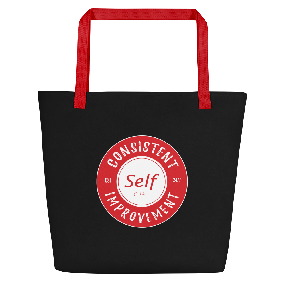 Consistent Self Improvement Black Beach Bag (Red Logo)